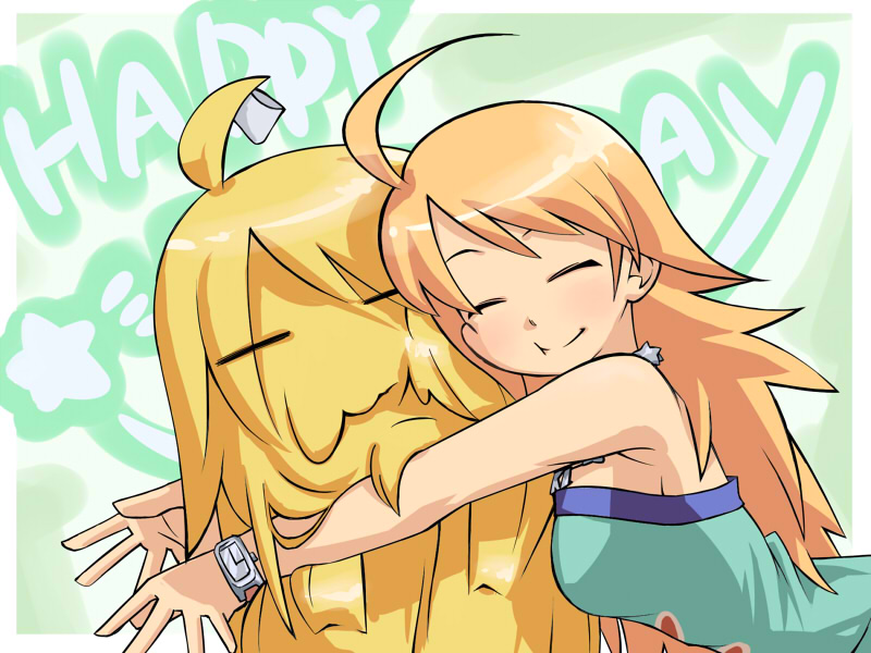 hoshii miki, miki kuri, idolmaster, idolmaster (classic), idolmaster 1, 00s, ahoge, blonde hair, closed eyes, hug, watch, wristwatch