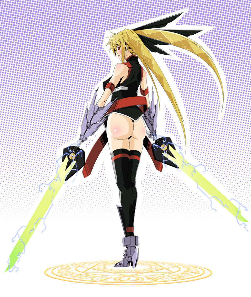 tumekui, bardiche (nanoha), bardiche (riot zanber stinger) (nanoha), fate testarossa, fate testarossa (true sonic form), lyrical nanoha, mahou shoujo lyrical nanoha, mahou shoujo lyrical nanoha strikers, 00s, 1girl, armband, ass, blonde hair, energy sword, female focus, full body, legs together, magic, magic circle, red eyes, solo, sword, thighhighs, twintails, weapon