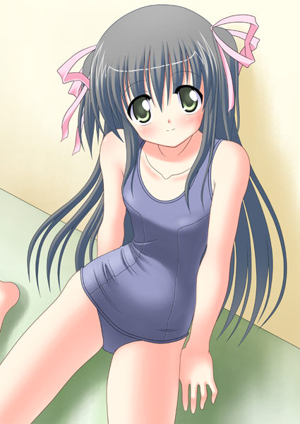 mikage01, bad id, bad pixiv id, blush, green eyes, long hair, one-piece swimsuit, ribbon, school swimsuit, solo, swimsuit