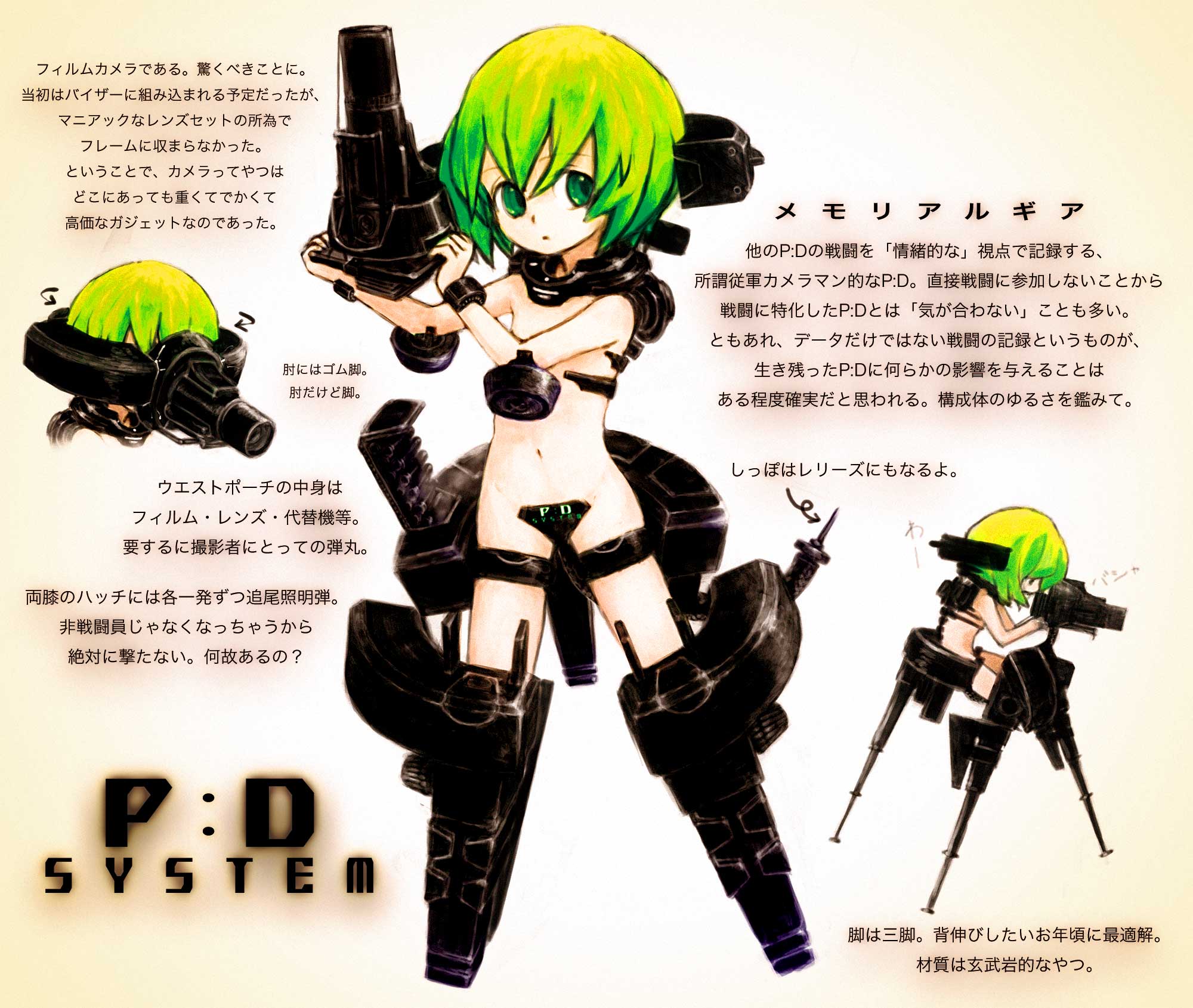 feral lemma, original, highres, translation request, 1girl, armor, cyborg, flat chest, green eyes, green hair, mecha musume, midriff, multiple views, revealing clothes, short hair