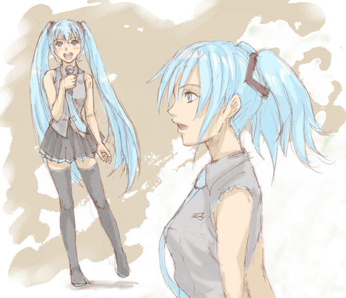 hirasawa meio, hatsune miku, vocaloid, bad id, bad pixiv id, aqua hair, blue eyes, long hair, microphone, short hair, sleeveless, thighhighs, twintails