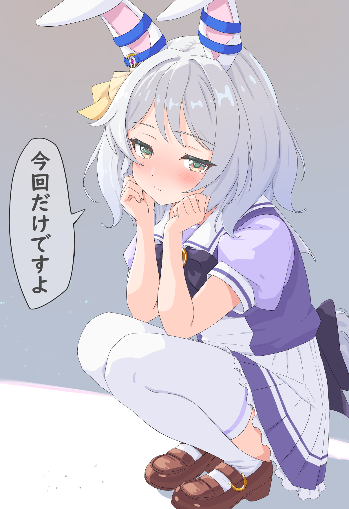 gamyuu (gamyu), hishi miracle (umamusume), umamusume, commentary request, highres, translation request, animal ears, blush, brown eyes, bunny day, closed mouth, embarrassed, full body, grey hair, hair between eyes, hair ornament, horse ears, horse girl, horse tail, looking at viewer, nose blush, ribbon, school uniform, shoes, simple background, sitting, tail, thighhighs, tracen school uniform