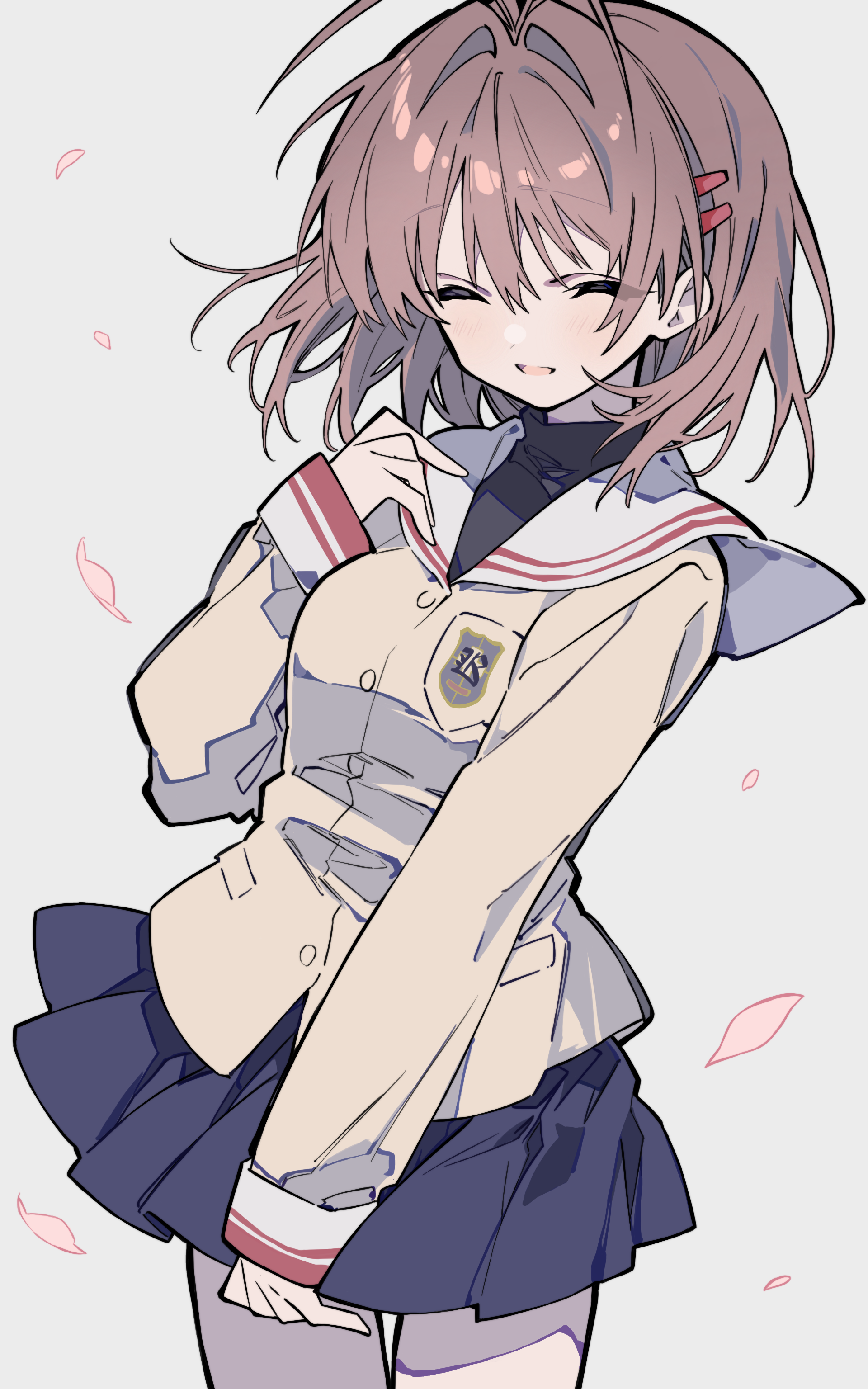 blackcatpancake, furukawa nagisa, clannad, absurdres, commentary, highres, 1girl, ^ ^, antenna hair, blazer, blue skirt, blush, brown hair, closed eyes, cowboy shot, falling petals, floating hair, grey background, hair ornament, hairclip, hand up, happy, hikarizaka private high school uniform, jacket, medium hair, miniskirt, open mouth, parallel hairclips, petals, pleated skirt, sailor collar, school uniform, serafuku, simple background, skirt, sleeves past wrists, smile, solo, turtleneck, white sailor collar, wind, yellow jacket