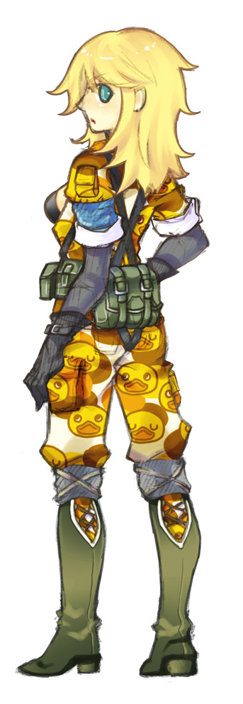 mayuzumi, eva (metal gear), ga-ko, metal gear (series), metal gear solid 3: snake eater, 1girl, back, blonde hair, blue eyes, female focus, female soldier, looking back, military, soldier, solo