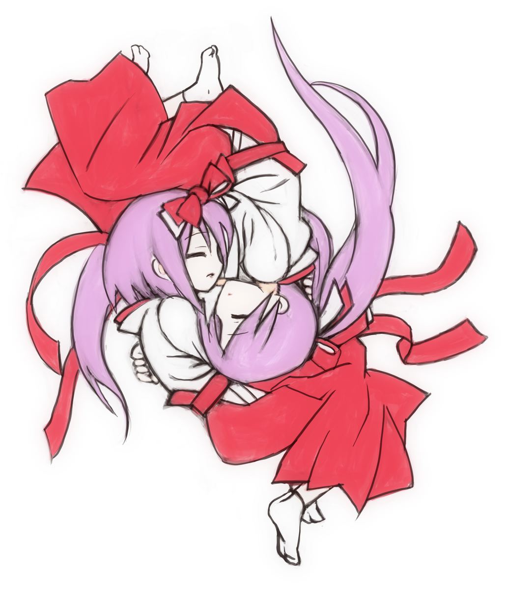 feral lemma, hiiragi kagami, hiiragi tsukasa, lucky star, highres, 00s, 2girls, closed eyes, hakama, hakama skirt, japanese clothes, lying, miko, multiple girls, on side, purple hair, red hakama, siblings, sisters, skirt, tabi, twins