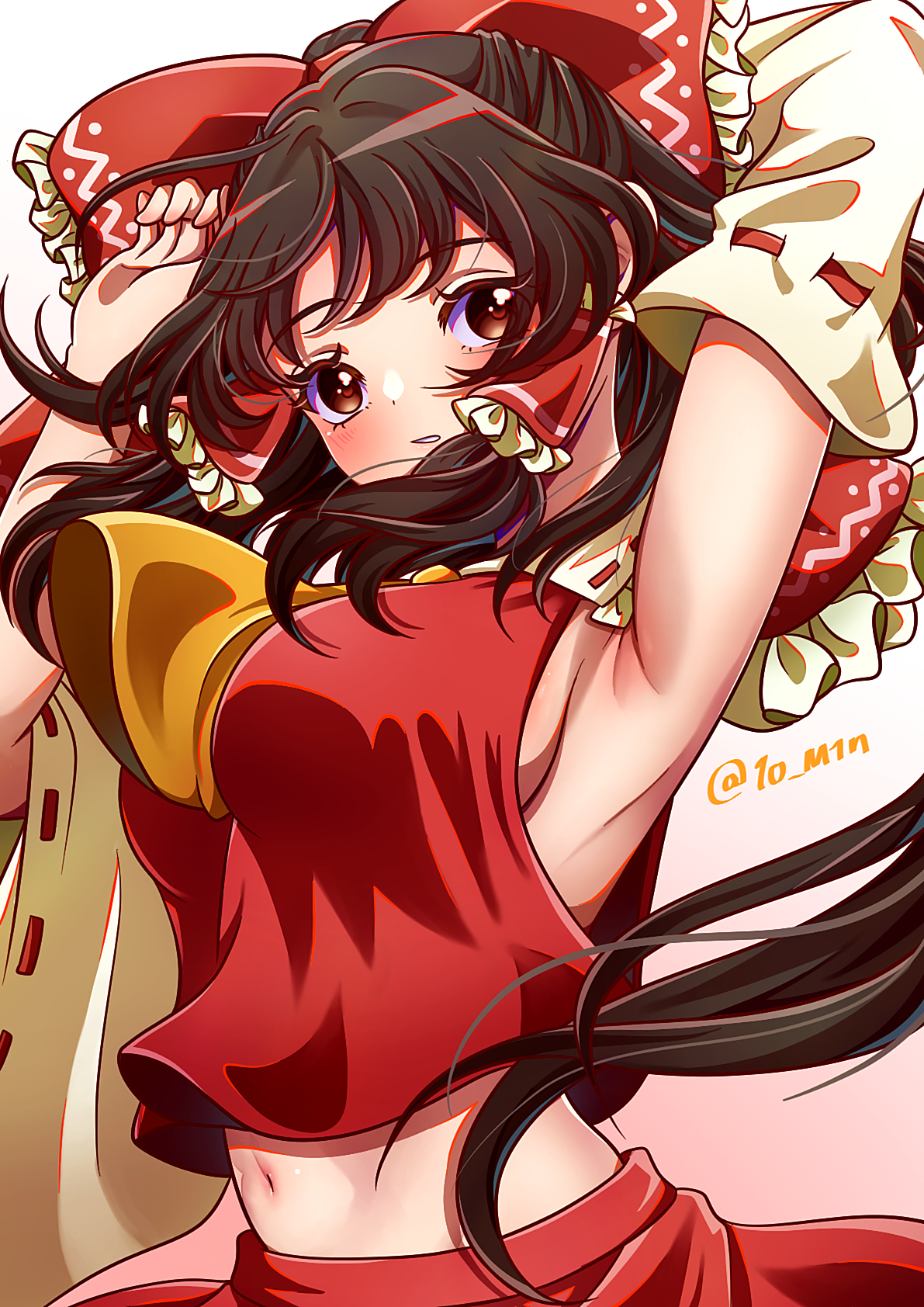 hakurei reimu, touhou, commentary request, highres, 1girl, arm behind head, armpit crease, armpits, ascot, ascot between breasts, backboob, blush, bow, breasts, brown eyes, brown hair, detached sleeves, floating hair, frilled bow, frilled hair tubes, frilled shirt collar, frills, hair bow, hair tubes, hand up, huge bow, large breasts, long hair, long sleeves, looking at viewer, midriff, navel, nontraditional miko, parted lips, presenting armpit, red bow, red shirt, red skirt, ribbon-trimmed sleeves, ribbon trim, shirt, sidelocks, simple background, skirt, sleeveless, sleeveless shirt, solo, tsumutsumugi, twitter username, upper body, very long hair, white background, wide sleeves, yellow ascot