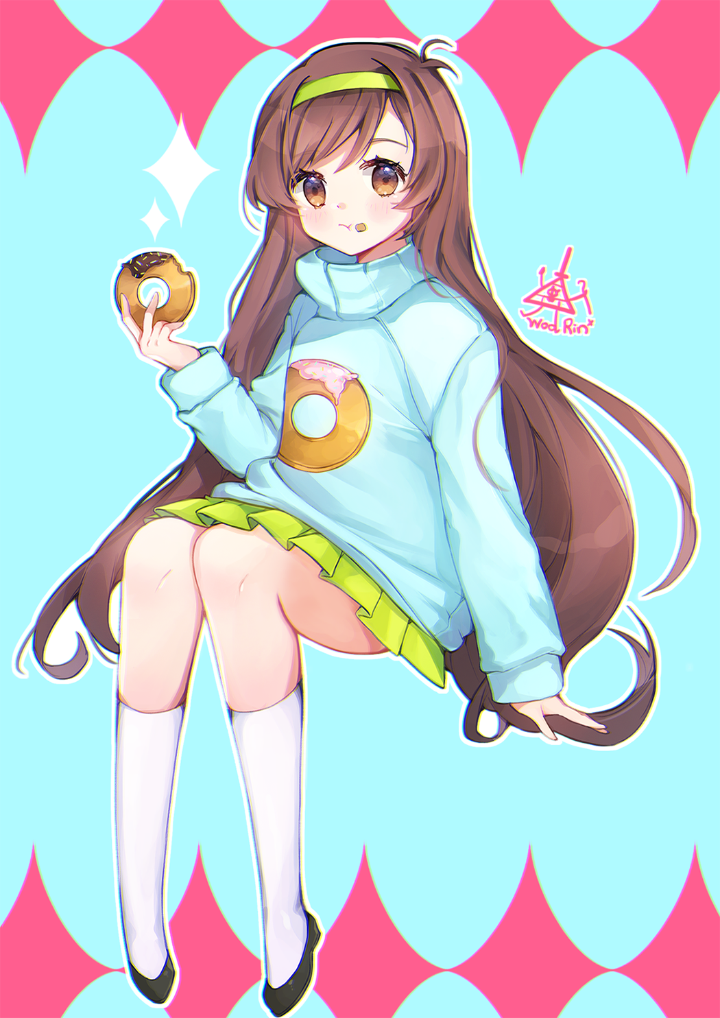woorin, bill cipher, mabel pines, gravity falls, highres, 1girl, artist name, blue background, blue shirt, brown hair, donut, donut print, eating, food, food on face, food print, full body, green hairband, green skirt, hairband, holding, holding food, invisible chair, long hair, shirt, sitting, skirt, socks, turtleneck, very long hair, white socks
