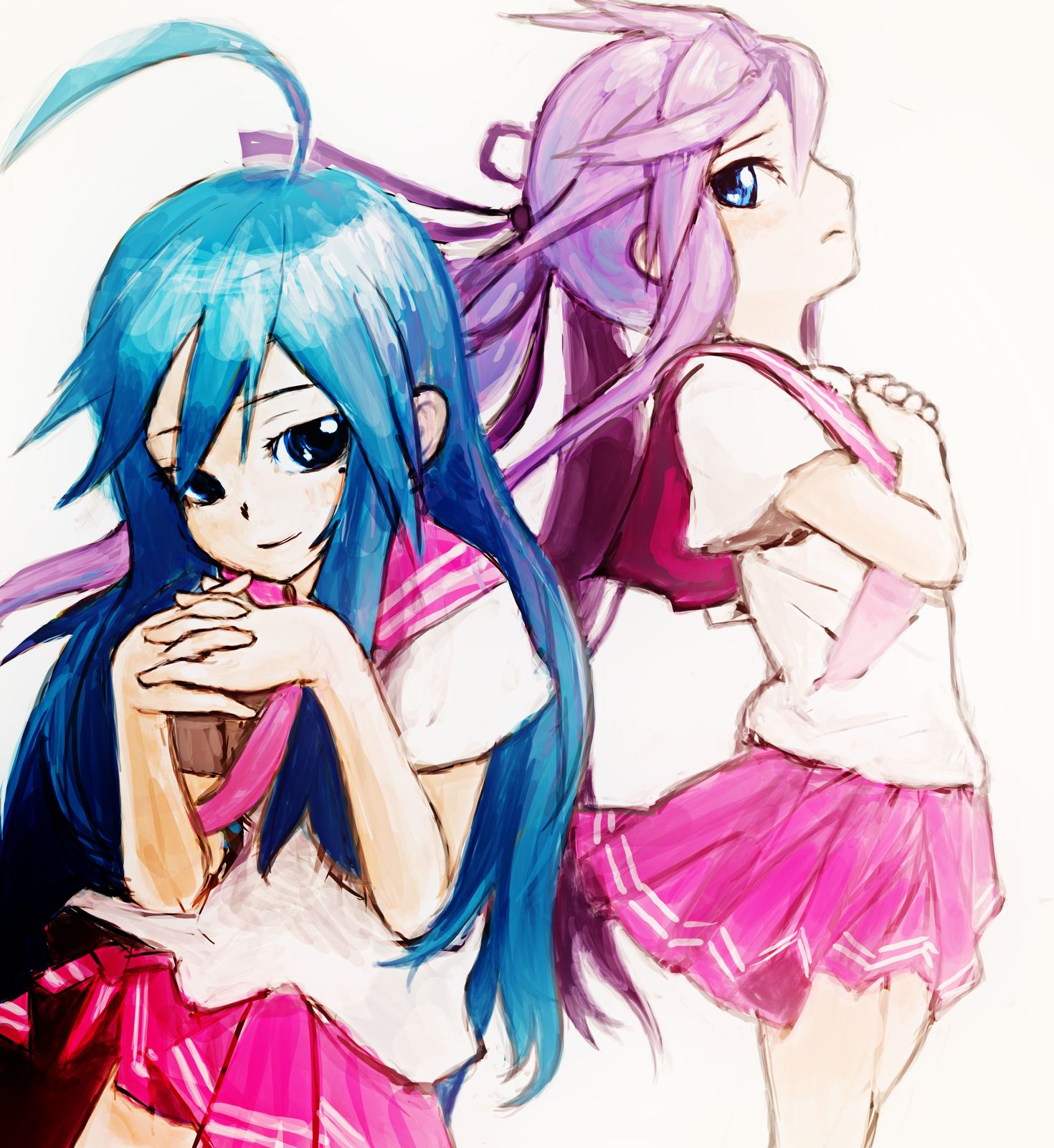 feral lemma, hiiragi kagami, izumi konata, lucky star, highres, 00s, ahoge, blue eyes, blue hair, purple hair, school uniform, serafuku, wind