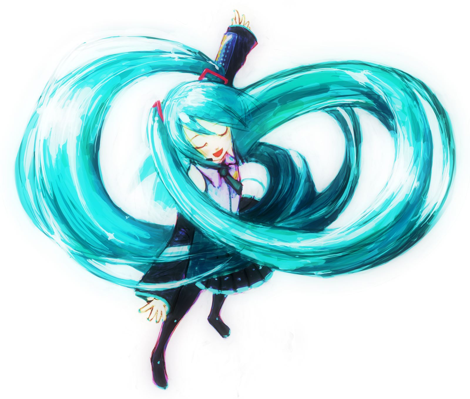feral lemma, hatsune miku, vocaloid, highres, boots, closed eyes, dancing, detached sleeves, green hair, headphones, long hair, nail polish, simple background, solo, standing, thigh boots, thighhighs, twintails