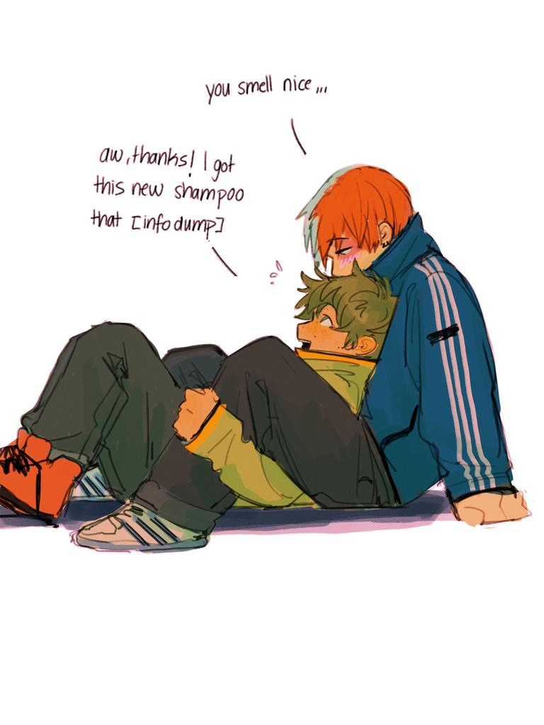 beybuniki, midoriya izuku, todoroki shoto, boku no hero academia, blush, freckles, green hair, jacket, lying, lying on lap, multicolored hair, pants, red hair, sitting, smile, tododeku, two-tone hair, white hair, yaoi