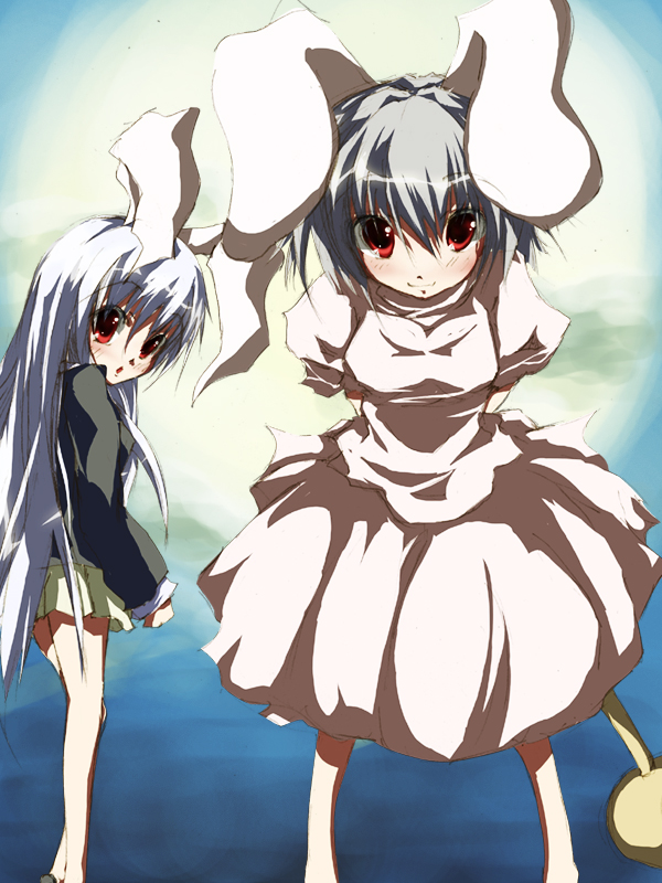 remyu, inaba tewi, reisen udongein inaba, touhou, 2girls, animal ears, black hair, female focus, hammer, long hair, multiple girls, outdoors, purple hair, rabbit ears, red eyes, short hair, skirt, sky