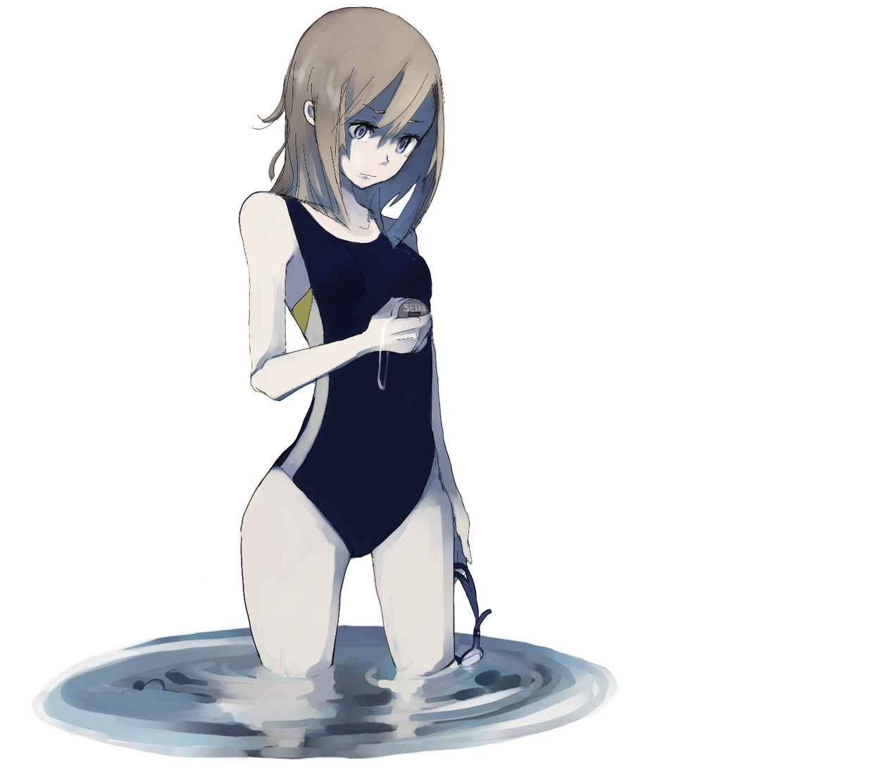 tansuke, original, 1girl, blue eyes, brown hair, female focus, long hair, one-piece swimsuit, single vertical stripe, solo, swimsuit, thigh gap, thighs, water