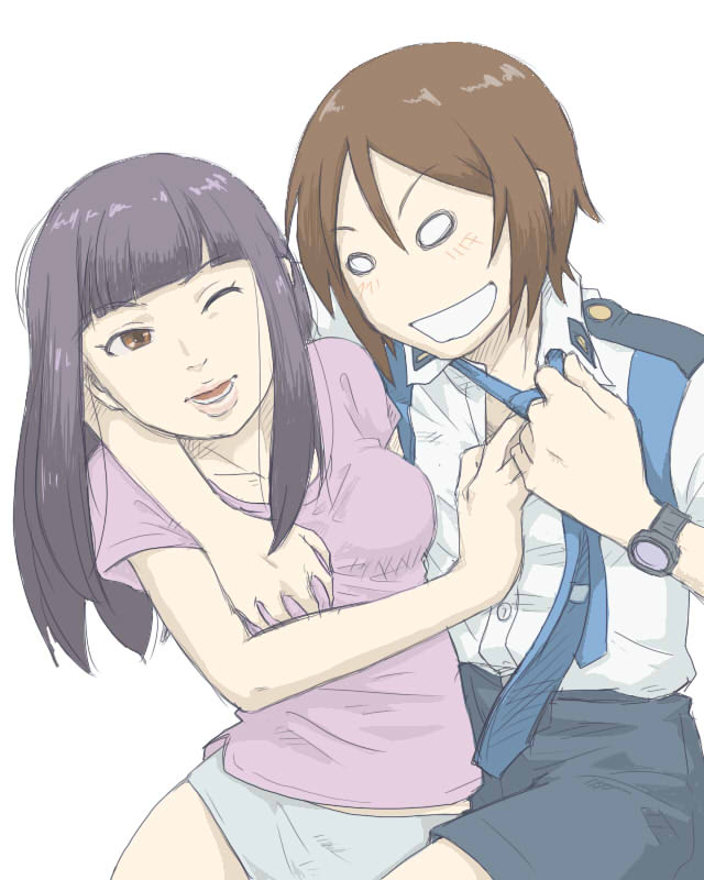 azuna8888, kasahara iku, shibasaki asako, toshokan sensou, bad id, bad pixiv id, 00s, 2girls, breasts, grabbing another's breast, grin, groping, multiple girls, o o, one eye closed, open mouth, smile, watch, white background, wristwatch