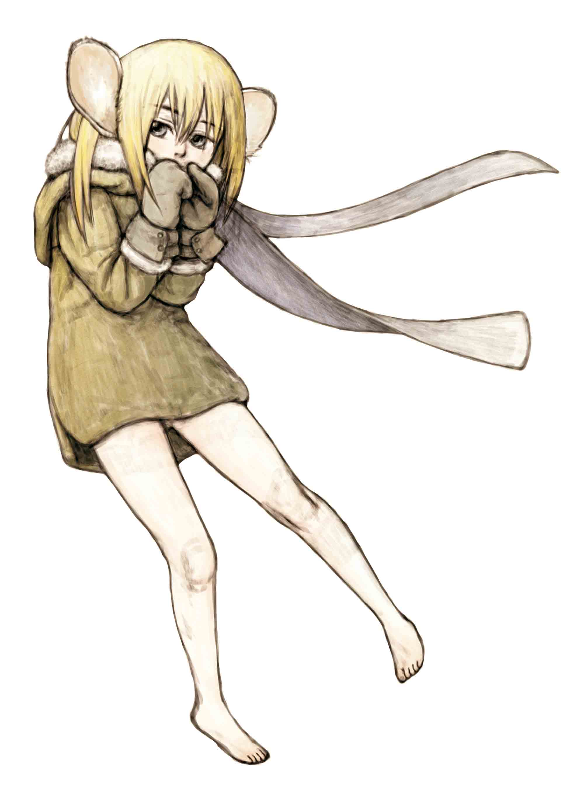 feral lemma, absurdres, highres, animal ears, barefoot, blonde hair, coat, cold, feet, gloves, mouse ears, scarf, solo