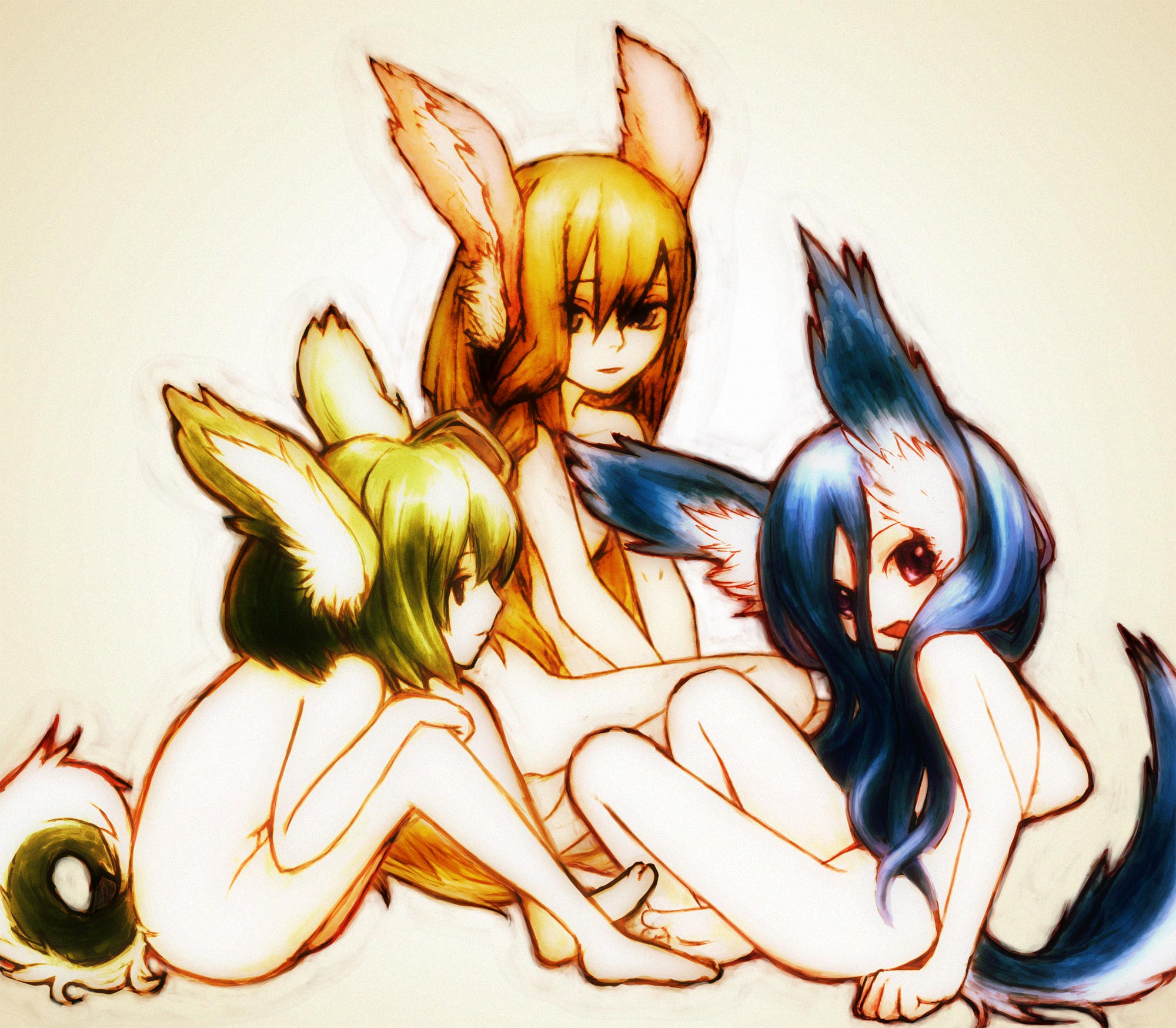 feral lemma, bad id, bad pixiv id, highres, 3girls, animal ears, barefoot, blue hair, brown hair, feet, green hair, multiple girls, nude, sitting, soles, tail, toes