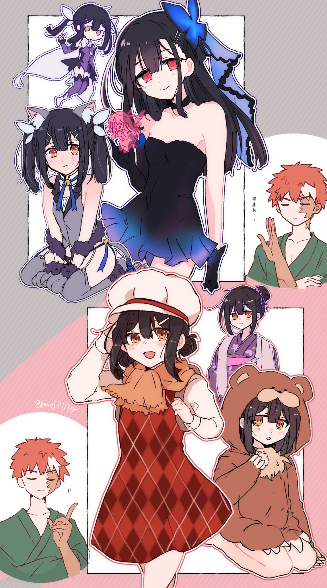 saihara, emiya shirou, emiya shirou (prisma illya), miyu edelfelt, miyu edelfelt (argyle dress), miyu edelfelt (magical girl), miyu edelfelt (swimsuit lancer) (third ascension), fate/grand order, fate/kaleid liner prisma illya, fate (series), commentary, highres, 1boy, 2girls, :d, animal hood, bare shoulders, bell, black dress, black gloves, black hair, butterfly hair ornament, colored skin, colorful background, dark skin, drakeposting (meme), dress, elbow gloves, expressionless, gloves, green kimono, grey background, hair ornament, hat, hood, hooded pajamas, illyasviel von einzbern (milk fairy), japanese clothes, jingle bell, kimono, leotard, long sleeves, meme, multicolored hair, multicolored skin, multiple girls, official alternate costume, open mouth, orange hair, pajamas, pink background, purple kimono, purple leotard, purple thighhighs, red eyes, shoes, simple background, smile, streaked hair, thighhighs, twintails, two-tone skin, white hat, white shoes, yellow eyes