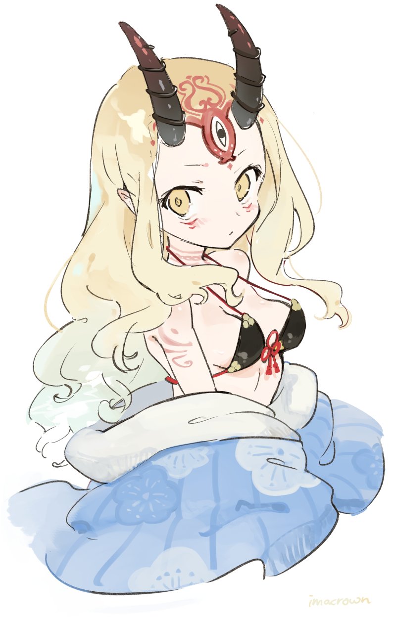 akizuki maku, ibaraki douji (fate), ibaraki douji (swimsuit lancer) (first ascension) (fate), fate/grand order, fate (series), ibaraki douji (swimsuit lancer) (fate), commentary request, highres, 1girl, artist name, bare shoulders, bikini, black bikini, blonde hair, breasts, expressionless, facial mark, forehead mark, horns, long hair, looking at viewer, oni, pointy ears, simple background, solo, swimsuit, white background, yellow eyes