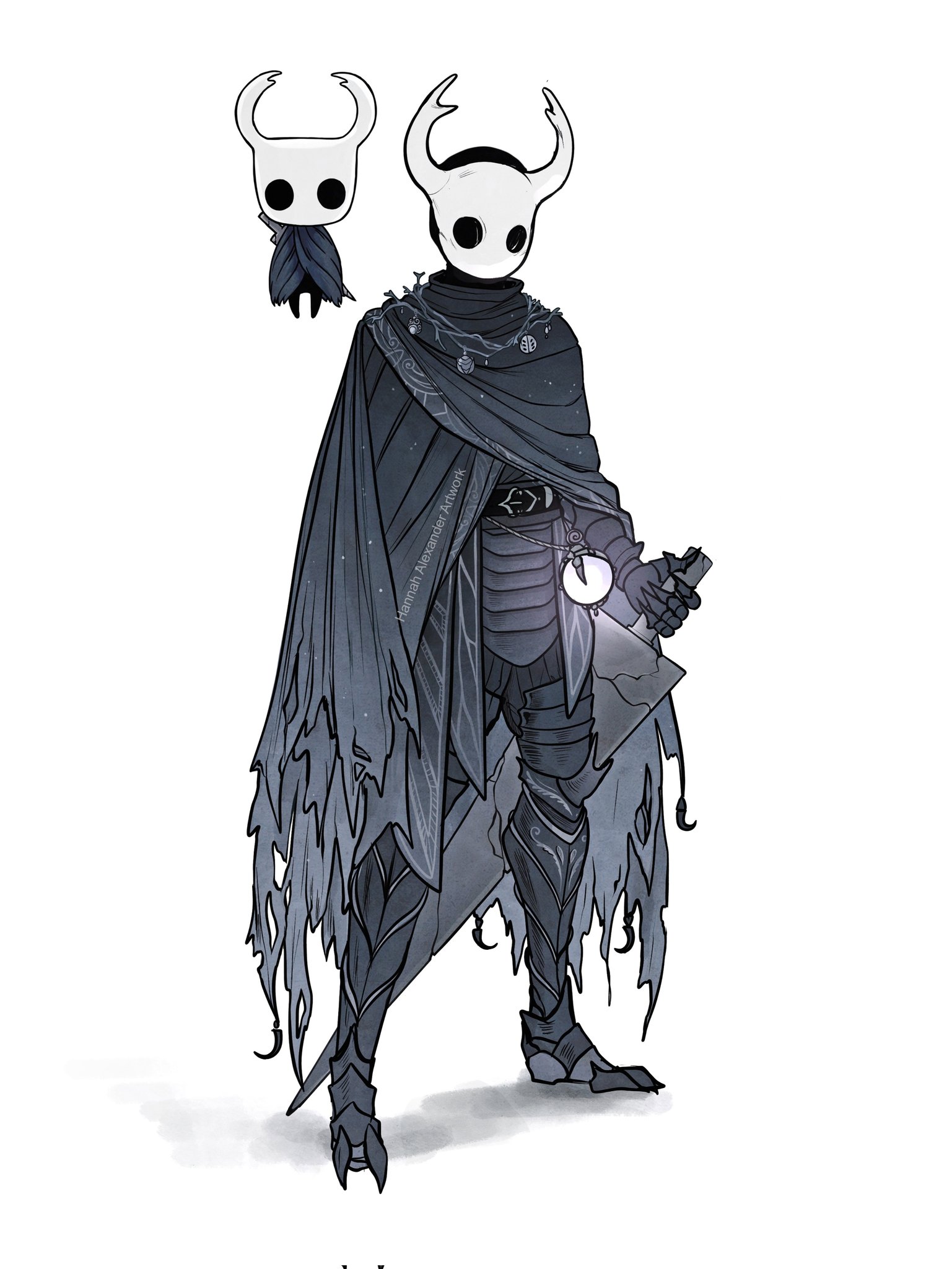 hannahartwork, knight (hollow knight), hollow knight, commentary, english commentary, highres, 1other, armor, armored boots, belt, black cloak, boots, cloak, dual persona, floating, full body, gauntlets, greatsword, holding, holding sword, holding weapon, hollow eyes, horns, no humans, standing, sword, torn, torn cloak, torn clothes, weapon, white background, white mask