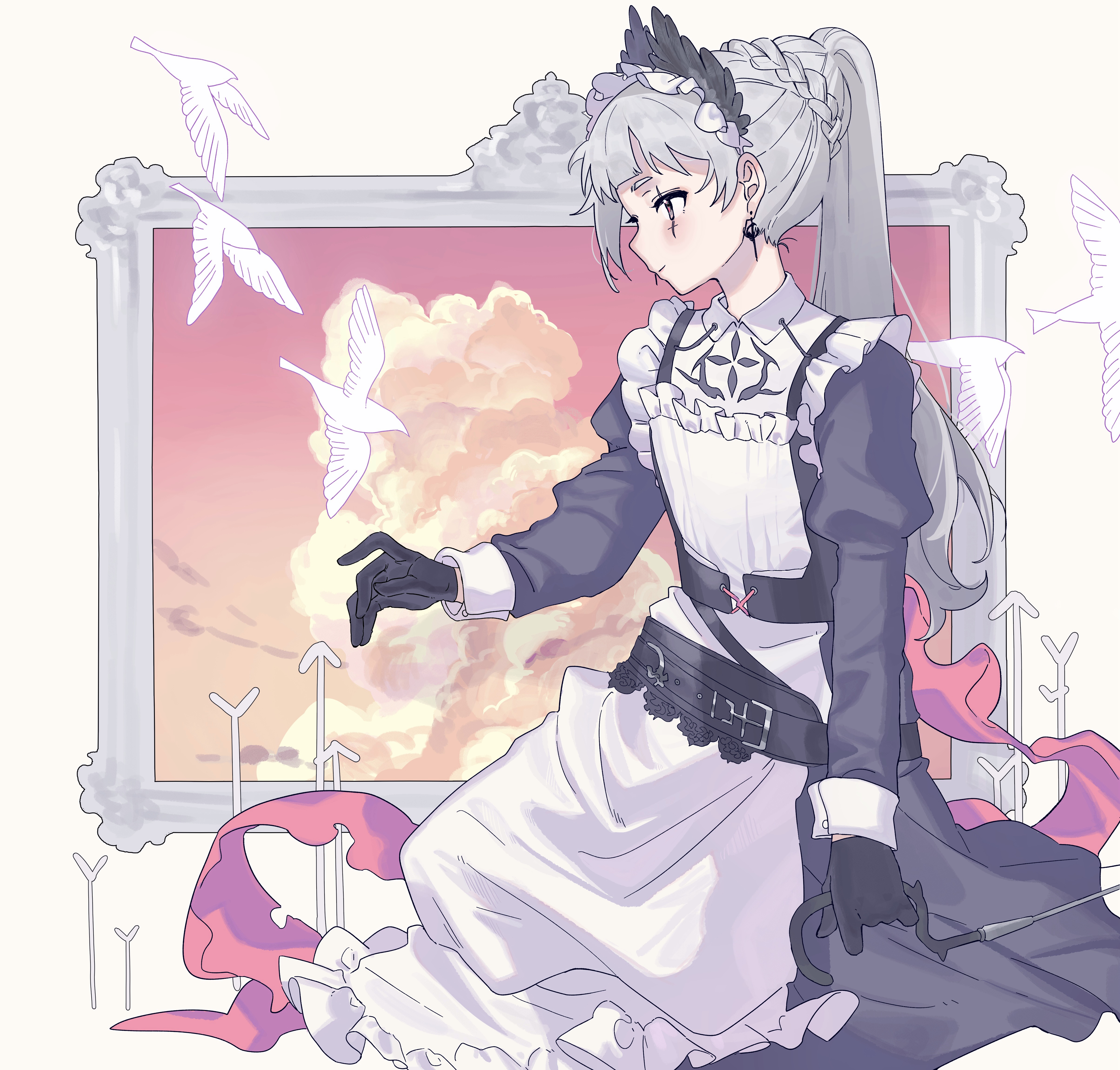 irene (arknights), irene (voyage of feathers) (arknights), ambience synesthesia, arknights, absurdres, commentary, highres, symbol-only commentary, 1girl, animal, bird, black gloves, blush, border, braid, closed mouth, earrings, frills, gloves, grey eyes, grey hair, jewelry, juliet sleeves, light smile, long hair, long sleeves, maid, maid headdress, maookenna, official alternate costume, outside border, picture frame, ponytail, profile, puffy sleeves, solo, white bird, white border