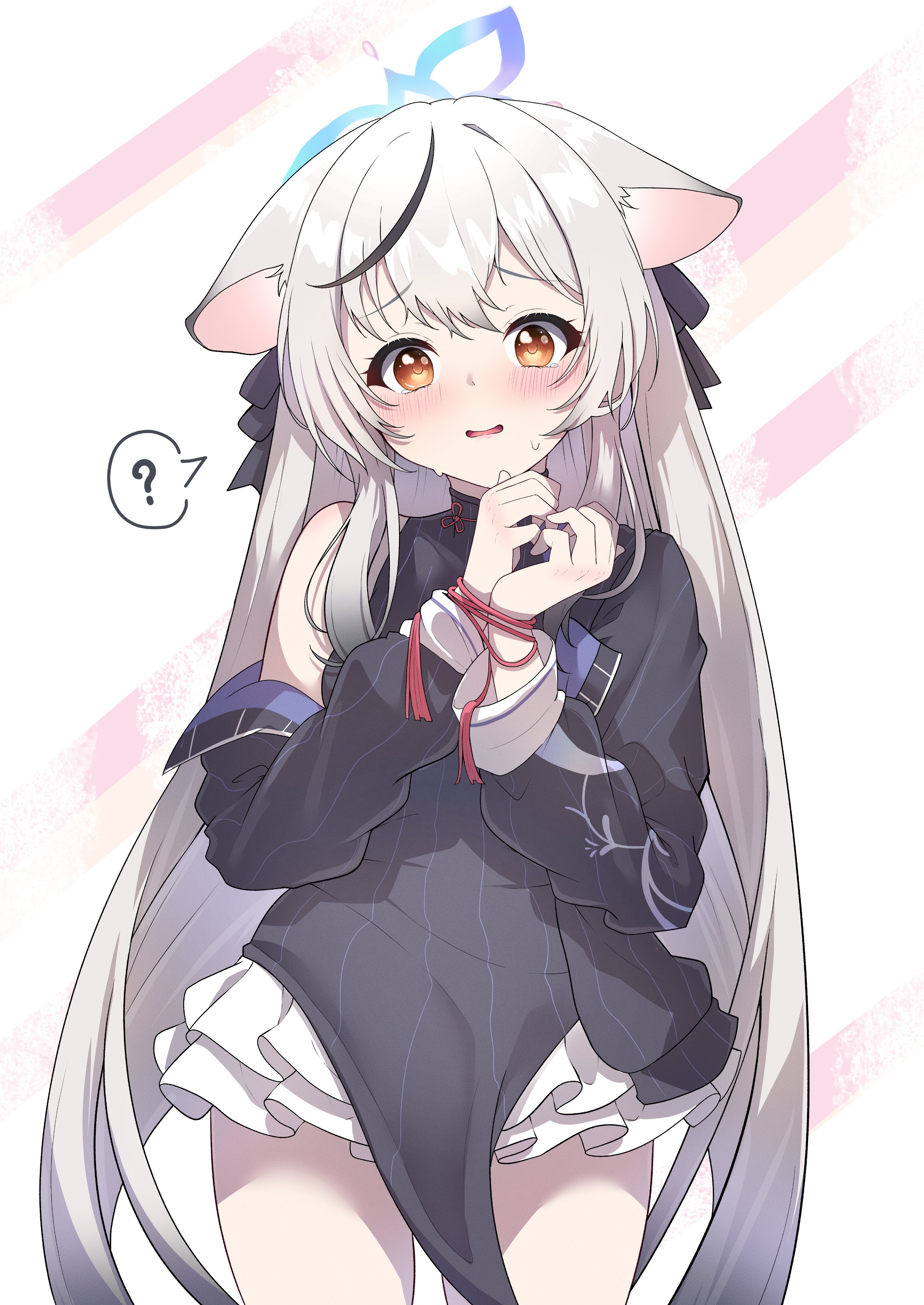 kokona (blue archive), blue archive, absurdres, commentary request, highres, 1girl, 4m4t0 0321, ?, animal ear fluff, animal ears, black coat, black dress, blue halo, blush, bound, china dress, chinese clothes, coat, confused, cowboy shot, dress, droopy ears, frilled skirt, frills, gradient hair, grey hair, hair between eyes, halo, long hair, long sleeves, looking at viewer, low twintails, multicolored hair, nervous sweating, open clothes, open coat, orange eyes, pelvic curtain, sidelocks, simple background, skirt, sleeveless, sleeveless dress, solo, spoken question mark, standing, streaked hair, striped clothes, striped dress, sweat, tied up (nonsexual), tiger ears, twintails, two-tone hair, vertical-striped clothes, vertical-striped dress, white background, white skirt