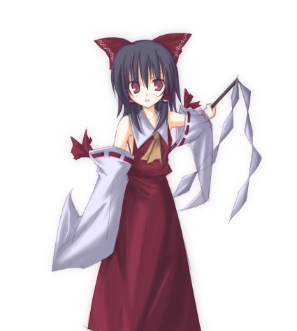 huei nazuki, hakurei reimu, touhou, lowres, 1girl, black hair, detached sleeves, female focus, gohei, japanese clothes, miko, red eyes, simple background, skirt, solo, white background