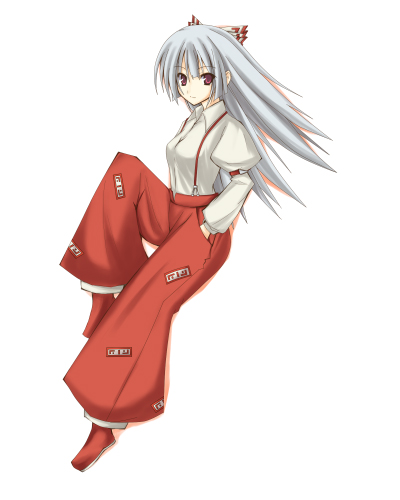 huei nazuki, fujiwara no mokou, touhou, silver hair, lowres, 1girl, female focus, long hair, red eyes, simple background, solo, suspenders, white background