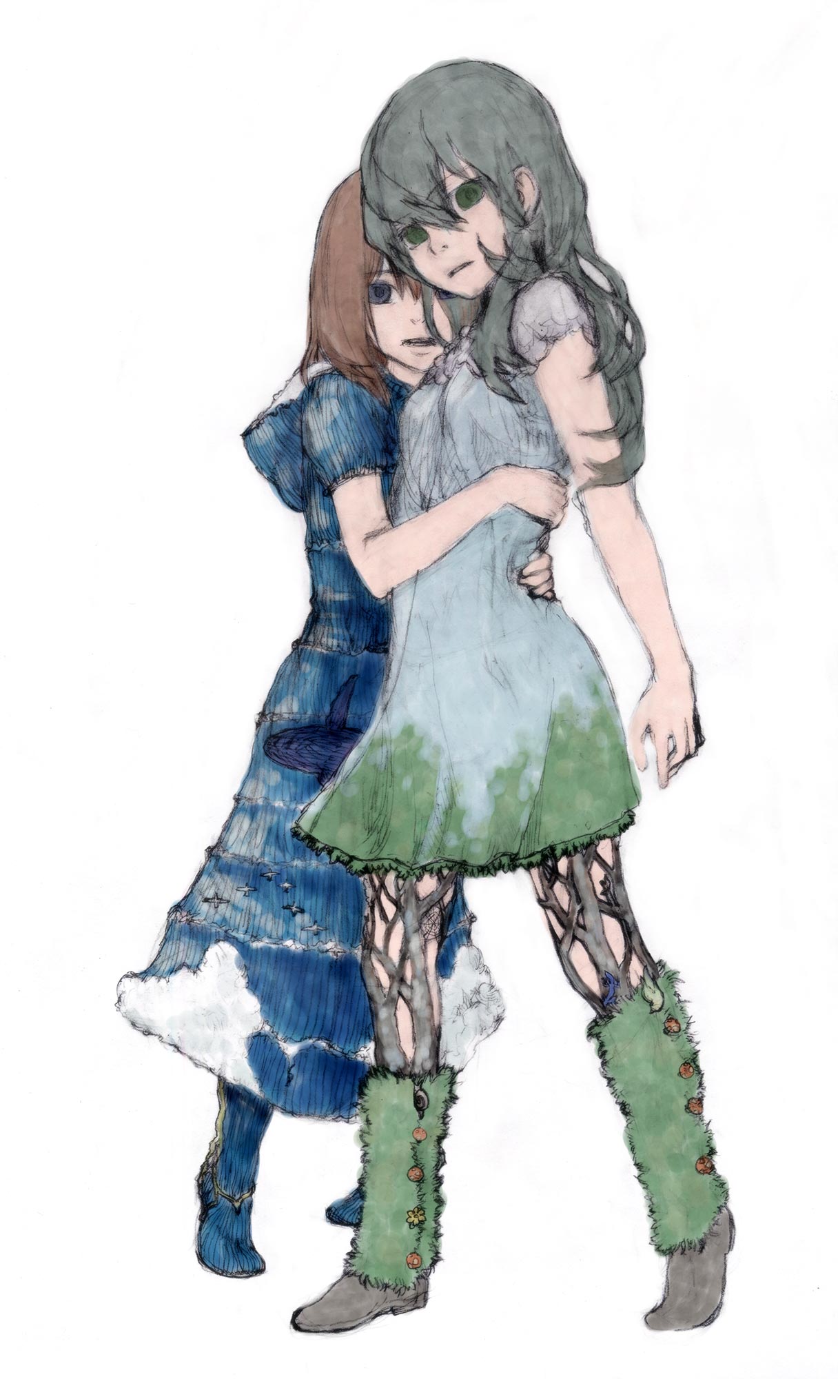 feral lemma, highres, 2girls, brown hair, dress, fashion, green eyes, hug, multiple girls, occult symbolism, two-tone dress