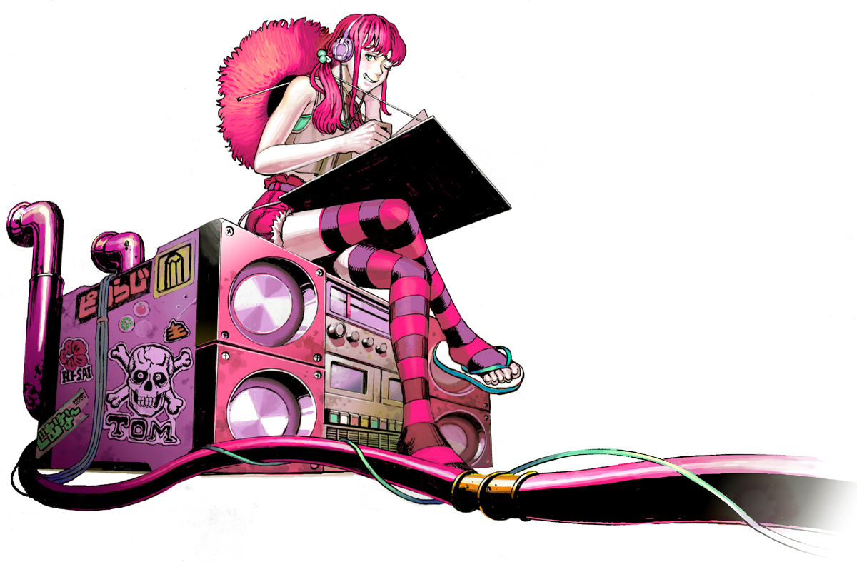 shitara kiyoto, bad id, bad pixiv id, bad feet, feet, green eyes, hat, headphones, one eye closed, paper, pencil, pink hair, radio, solo, sticker, striped clothes, striped thighhighs, thighhighs, wink