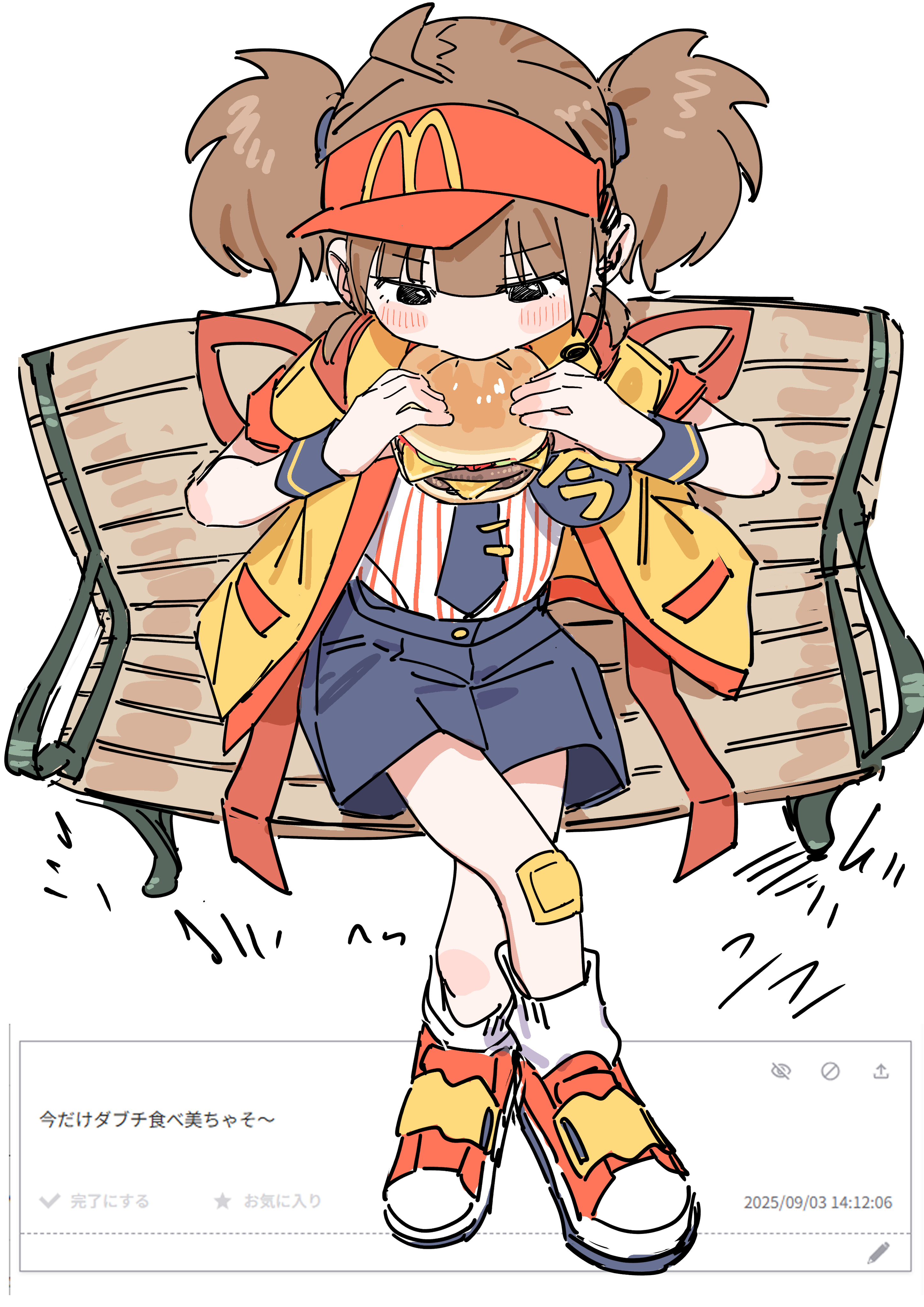 haruyuki (gffewuoutgblubh), imadake dabuchi tabemi, mcdonald's, absurdres, highres, 1girl, back bow, badge, bandaid, bandaid on knee, bandaid on leg, bench, black eyes, black shorts, blush stickers, bow, brown hair, burger, button badge, crossed legs, eating, employee uniform, fast food uniform, food, from above, happi, hat, headset, holding, holding burger, holding food, japanese clothes, necktie, open happi, pinstripe pattern, pinstripe shirt, red hat, shirt, short sleeves, shorts, sitting, solo, striped clothes, tasuki, thighs, tie clip, twintails, velcro footwear, visor cap, yellow happi
