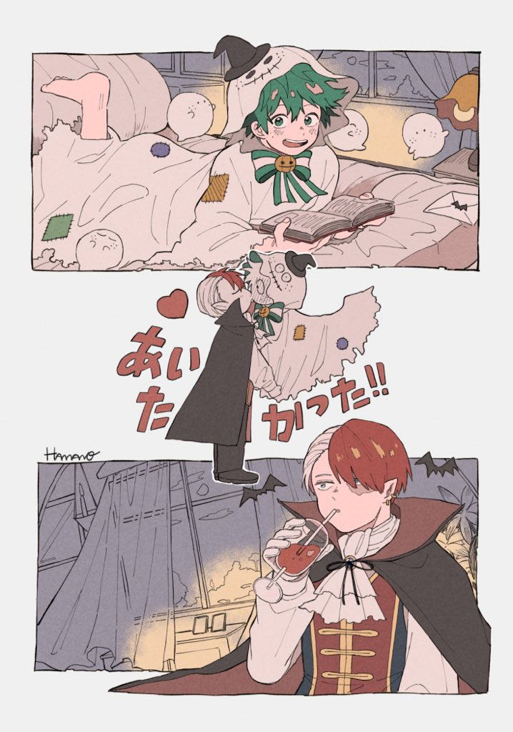hamachibri, midoriya izuku, todoroki shoto, boku no hero academia, barefoot, blood, book, costume, freckles, ghost, ghost costume, halloween, hood, hoodie, indoors, lying, reading, scar, smile, tododeku, vampire