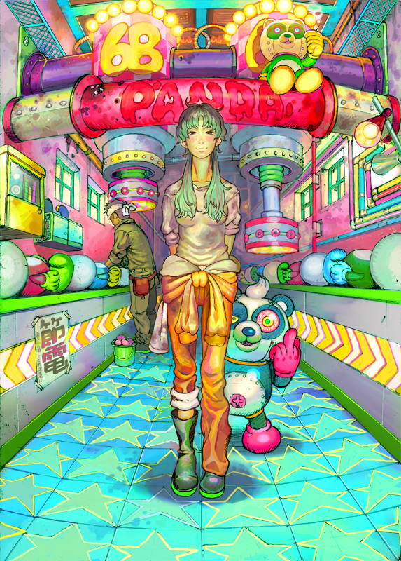 shitara kiyoto, original, lights, bad id, bad pixiv id, 1boy, 1girl, :3, black hair, boots, colorful, humanoid robot, machine, middle finger, panda, production line, robot, twintails