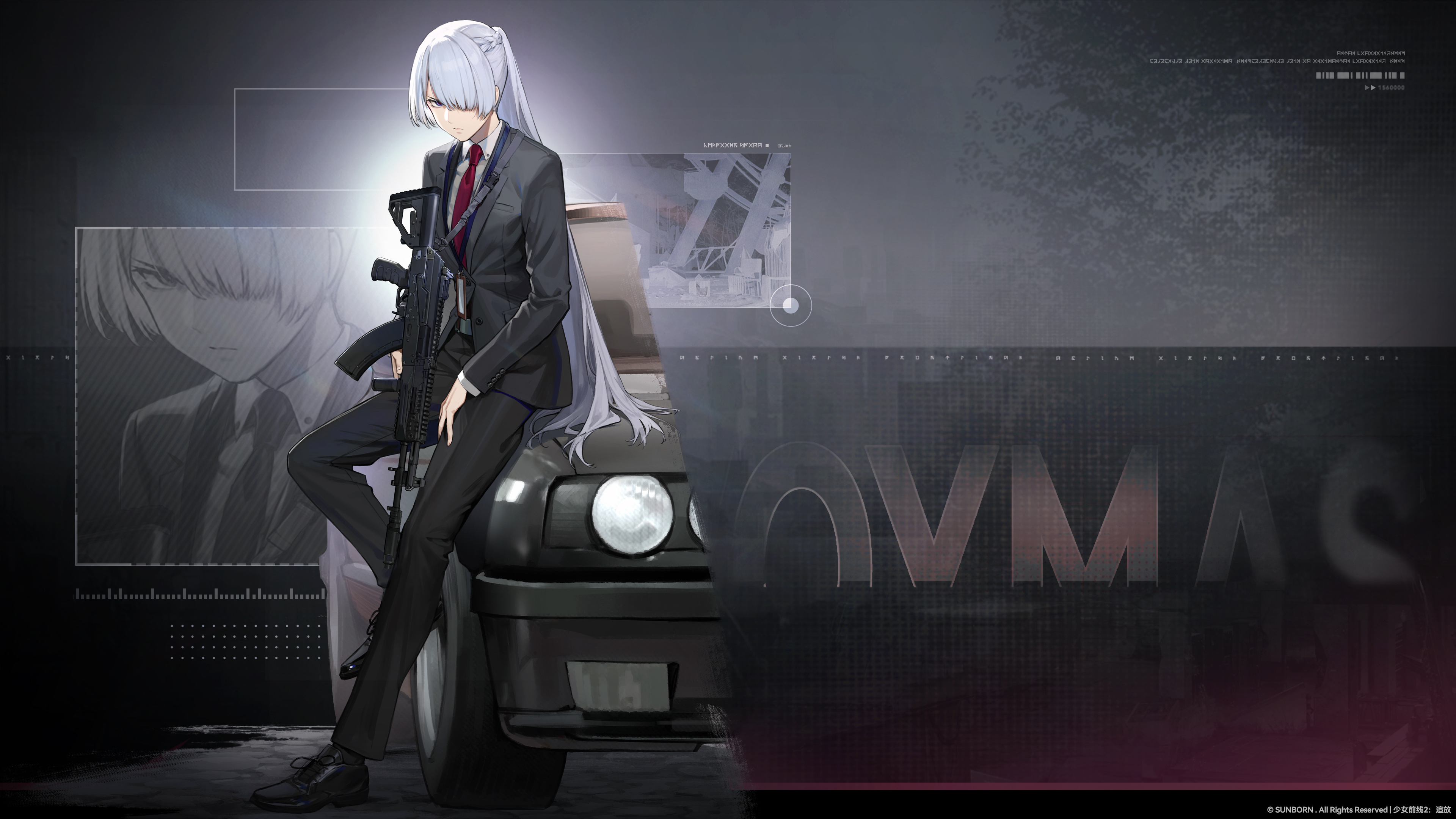 ak-15 (girls' frontline), girls' frontline, girls' frontline 2: exilium, absurdres, highres, official art, 1girl, ak-15, assault rifle, black suit, car, formal clothes, grey hair, gun, kalashnikov rifle, motor vehicle, necktie, purple eyes, red necktie, rifle, shirt, sitting, solo, suit, voymastina (girls' frontline 2), weapon, white shirt