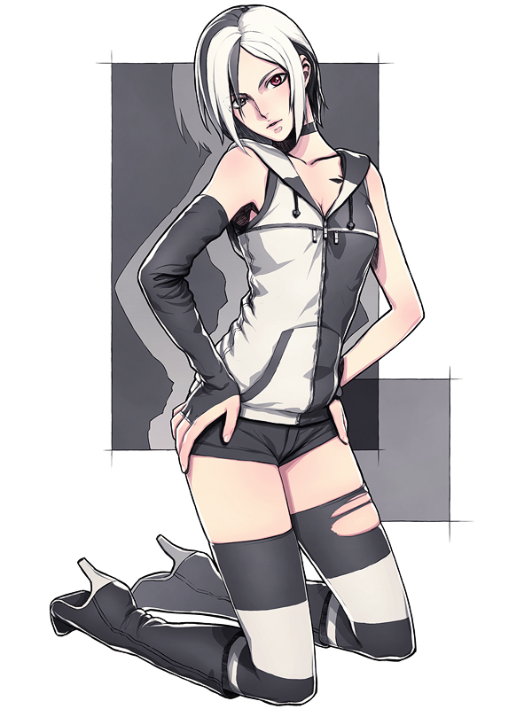 iwai ryou, rusty, futaba channel, bad id, bad pixiv id, 1girl, boots, choker, elbow gloves, female focus, gloves, heterochromia, high heel boots, high heels, kneeling, multicolored hair, red eyes, short hair, shorts, solo, thighhighs, torn clothes, torn thighhighs