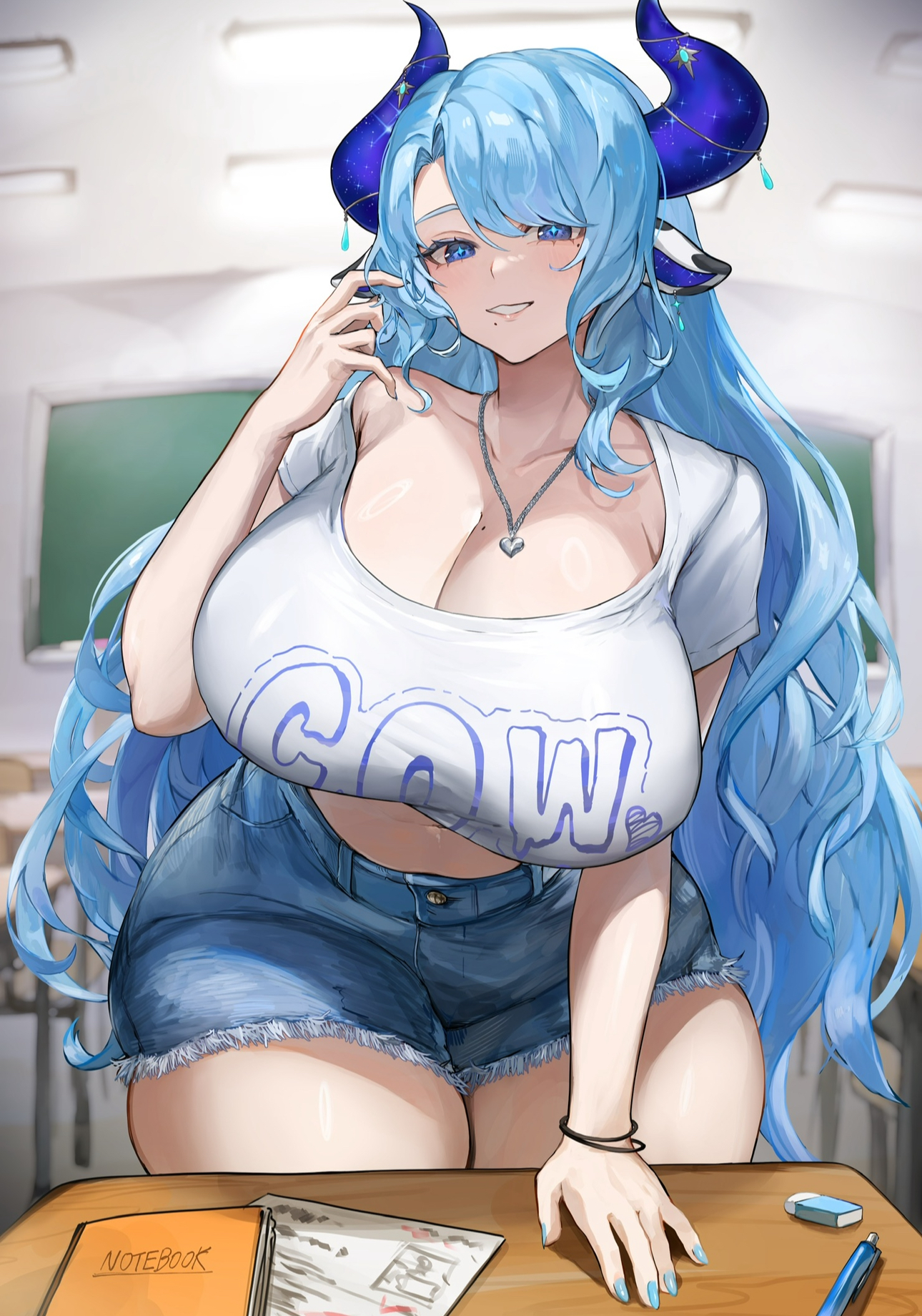 miilkywayz, artist request, animal ears, belly, blue eyes, blue hair, breasts, classroom, cleavage, cow ears, cow girl, denim, denim shorts, desk, eraser, heart, heart necklace, horns, huge breasts, indoors, long hair, looking at viewer, midriff, mole, mole on breast, necklace, notebook, pen, print shirt, school, shirt, short shorts, shorts, smile, star-shaped pupils, star (symbol), symbol-shaped pupils, t-shirt, thick thighs, thighs, virtual youtuber