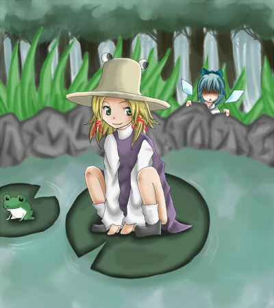 shuga (soranote), cirno, moriya suwako, touhou, bad id, bad pixiv id, lowres, 2girls, blonde hair, blue hair, female focus, forest, frog, hat, multiple girls, nature, ribbon, smile