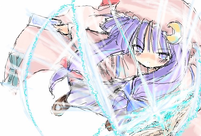 sidorov, patchouli knowledge, touhou, bad id, bad pixiv id, 1girl, blush, crescent, dress, electricity, female focus, from above, hat, long hair, long sleeves, looking at viewer, looking up, magic, mob cap, pink dress, purple eyes, purple hair, shoes, solo, spell card, very long hair