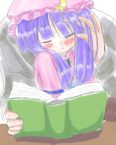 sidorov, patchouli knowledge, touhou, bad id, bad pixiv id, lowres, 1girl, blush, book, closed eyes, female focus, hat, purple hair, solo, upper body