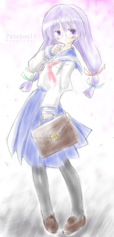 sidorov, patchouli knowledge, touhou, bookbag, bad id, bad pixiv id, 1girl, alternate costume, bag, bespectacled, female focus, full body, glasses, gradient background, hair ribbon, long hair, pantyhose, purple hair, ribbon, school uniform, serafuku, skirt, solo, twintails, white background