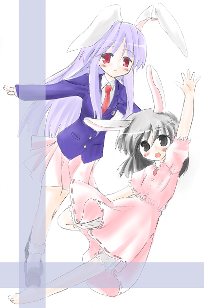 sidorov, inaba tewi, reisen udongein inaba, touhou, 2girls, animal ears, black hair, female focus, multiple girls, purple hair, rabbit ears, red eyes, white background
