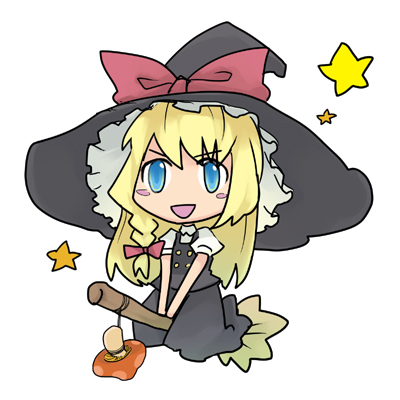 kusano houki, kirisame marisa, touhou, bad id, bad pixiv id, lowres, 1girl, blonde hair, broom, broom riding, chibi, female focus, full body, hat, long hair, mushroom, ribbon, simple background, skirt, solo, star (symbol), white background