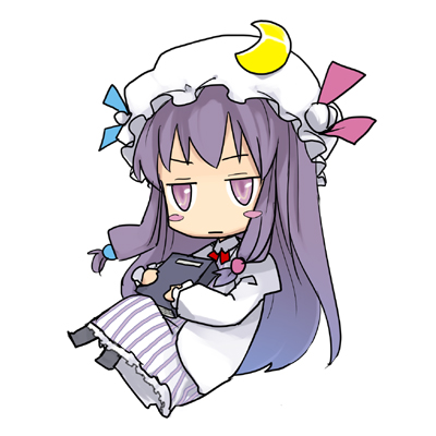 kusano houki, patchouli knowledge, touhou, bad id, bad pixiv id, lowres, 1girl, blush stickers, book, bored, chibi, crescent, crescent hair ornament, female focus, hair ornament, hat, long hair, moon, purple eyes, purple hair, ribbon, solo