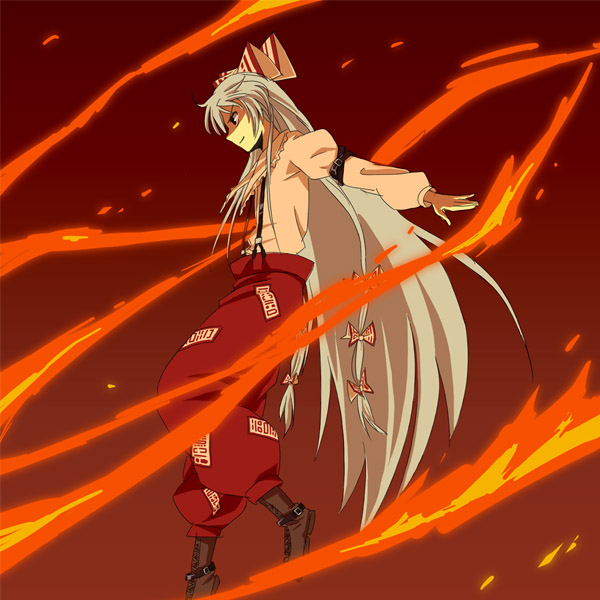 kannari, fujiwara no mokou, touhou, 1girl, female focus, fire, gradient background, long hair, ribbon, solo, white hair