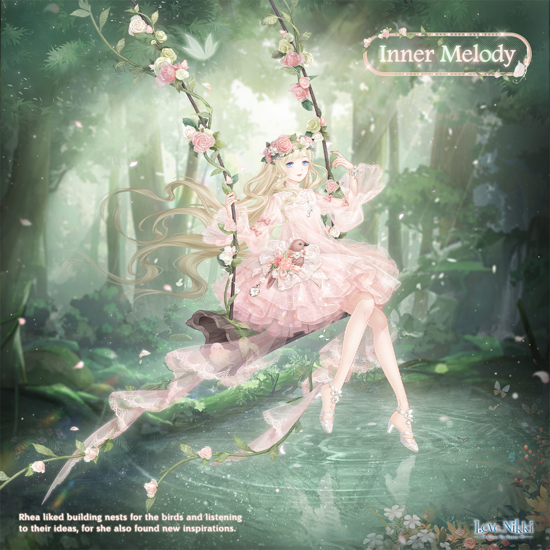 miracle nikki, nikki (series), artist request, official art, 1girl, animal, animal on lap, bird, blonde hair, blue eyes, bow, bracelet, bush, character name, closed mouth, copyright name, dappled sunlight, day, dress, english text, floating clothes, floating hair, flower, forest, frilled dress, frills, full body, happy, head wreath, high heels, inner melody (miracle nikki), jewelry, juliet sleeves, lake, light particles, lipstick, log, logo, long hair, long sleeves, looking at viewer, makeup, medium dress, moss, nature, on lap, on swing, outdoors, petals, pink bow, pink dress, pink flower, pink rose, puffy sleeves, red lips, reflection, reflective water, ripples, rose, shoes, sitting, sleeve bow, smile, solo, sunlight, swing, swinging on swing, very long hair, wavy hair, white shoes