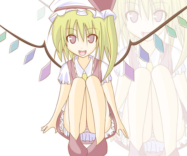 flandre scarlet, touhou, bad id, bad pixiv id, 1girl, bad anatomy, blonde hair, blouse, collared shirt, fangs, female focus, hair between eyes, hat, mob cap, panties, poorly drawn, ribbon, shirt, solo, underwear, white hat, white shirt, wings