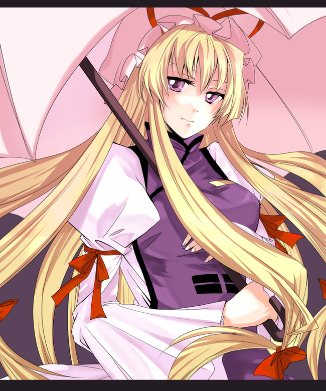 sasai saki, yakumo yukari, touhou, bad id, bad pixiv id, 1girl, blonde hair, female focus, hat, long hair, ribbon, solo, umbrella