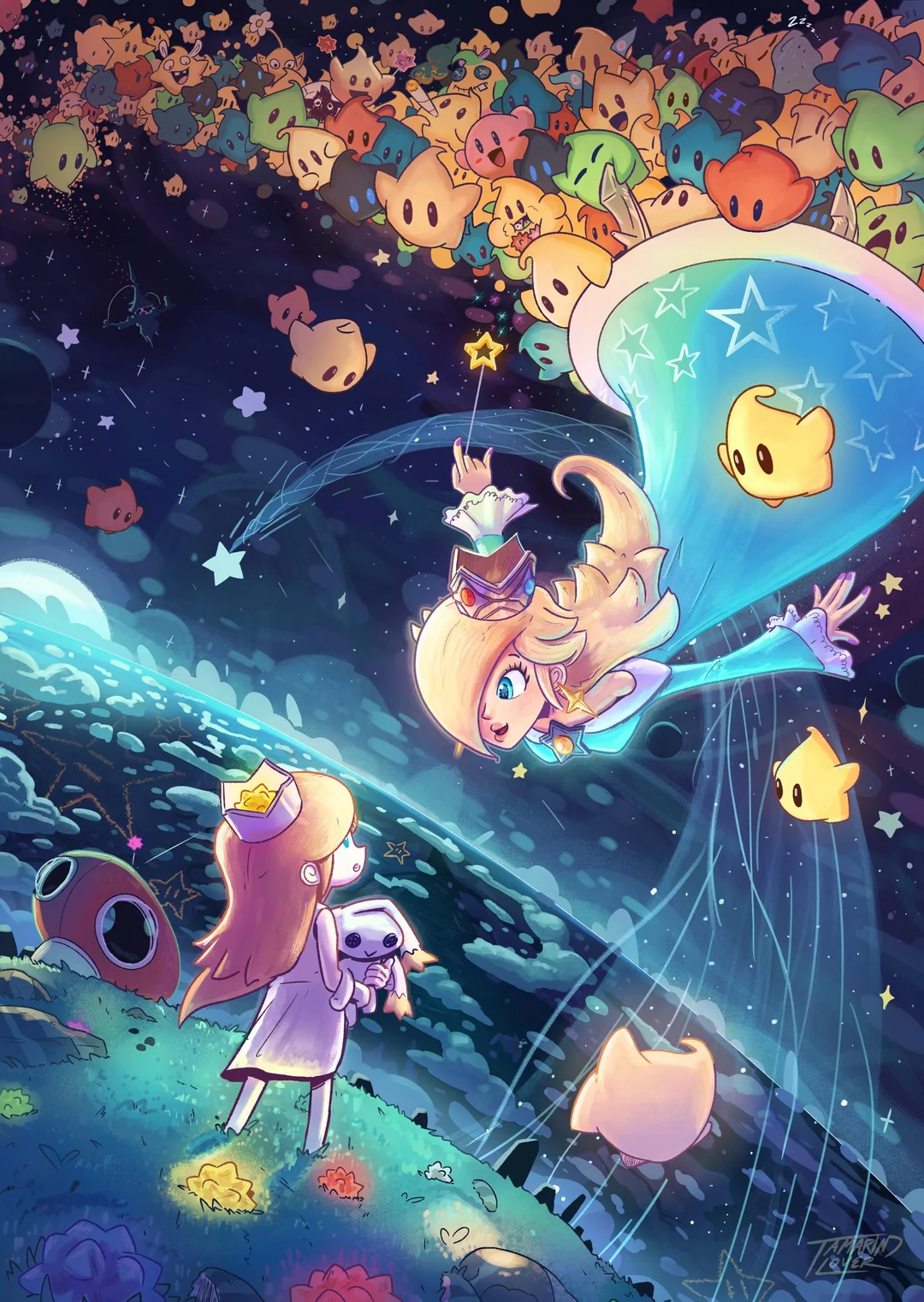 kirby, luma, mr saturn, rosalina, earthbound (series), kirby (series), mario (series), mother (series), mother 2, nintendo, pikmin (series), super mario galaxy, artist request, source request, 2girls, aged down, black eyes, black skin, blonde hair, blue eyes, blue skin, button eyes, buttons, cigarette, closed eyes, colored skin, crown, doppelganger, dress, eating, flag, floating, flying, food, full body, grass, green skin, high heels, lips, long hair, looking at another, looking down, looking up, multiple girls, nails, night, one eye covered, open mouth, pikmin (creature), planet, red skin, sleeping, smile, smoking, soles, space ship, star (sky), star (symbol), star print, toy, wand, weed, white skin, yellow skin, zzz