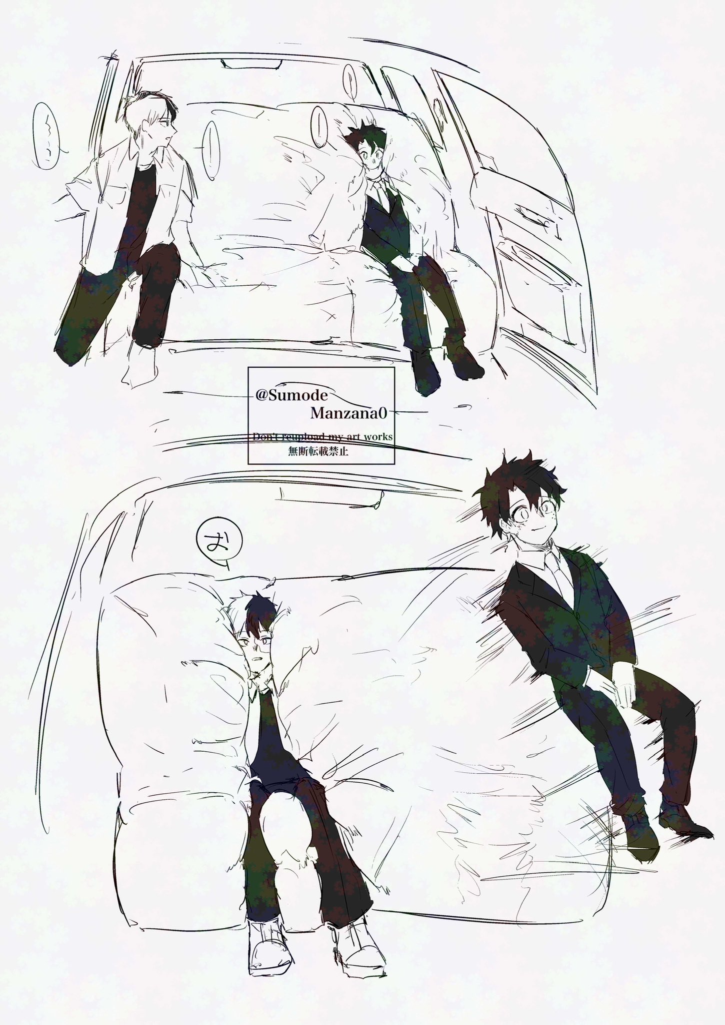 midoriya izuku, todoroki shoto, boku no hero academia, 2koma, aged up, car, comic, couch, flying, formal clothes, freckles, motor vehicle, scar, sitting, smile, suit, sumodemanzana0, tododeku
