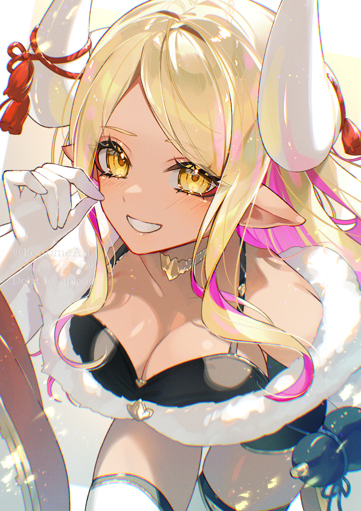 kogome (azalea4), kumbhira (granblue fantasy), granblue fantasy, 1girl, bare shoulders, blonde hair, blush, breasts, cleavage, draph, gloves, horn ornament, horns, large breasts, long hair, looking at viewer, open mouth, pointy ears, smile, solo, tassel, thighhighs, thighs, white gloves, yellow eyes