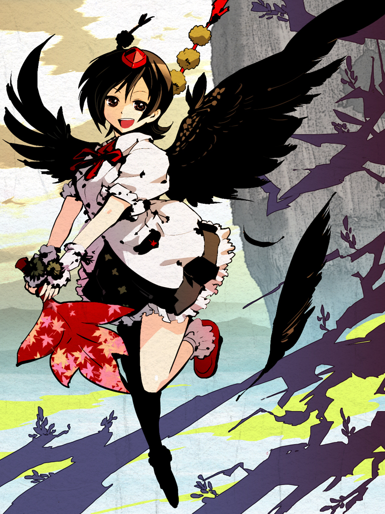 nagasawa shin, shameimaru aya, touhou, bad id, bad pixiv id, 1girl, :d, black hair, black wings, female focus, geta, hat, looking at viewer, open mouth, short hair, skirt, smile, solo, tengu-geta, wings