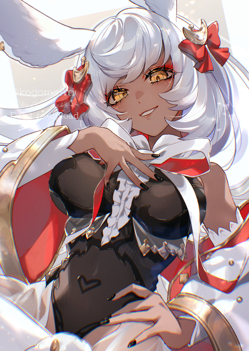 kogome (azalea4), makura (granblue fantasy), granblue fantasy, 1girl, animal ears, black leotard, black nails, bow, breasts, dark-skinned female, dark skin, erune, frills, hair ornament, hand on own chest, hand on own hip, large breasts, leotard, long hair, looking at viewer, nail polish, open mouth, rabbit ears, rabbit girl, smile, solo, tan, white hair, wide sleeves, yellow eyes